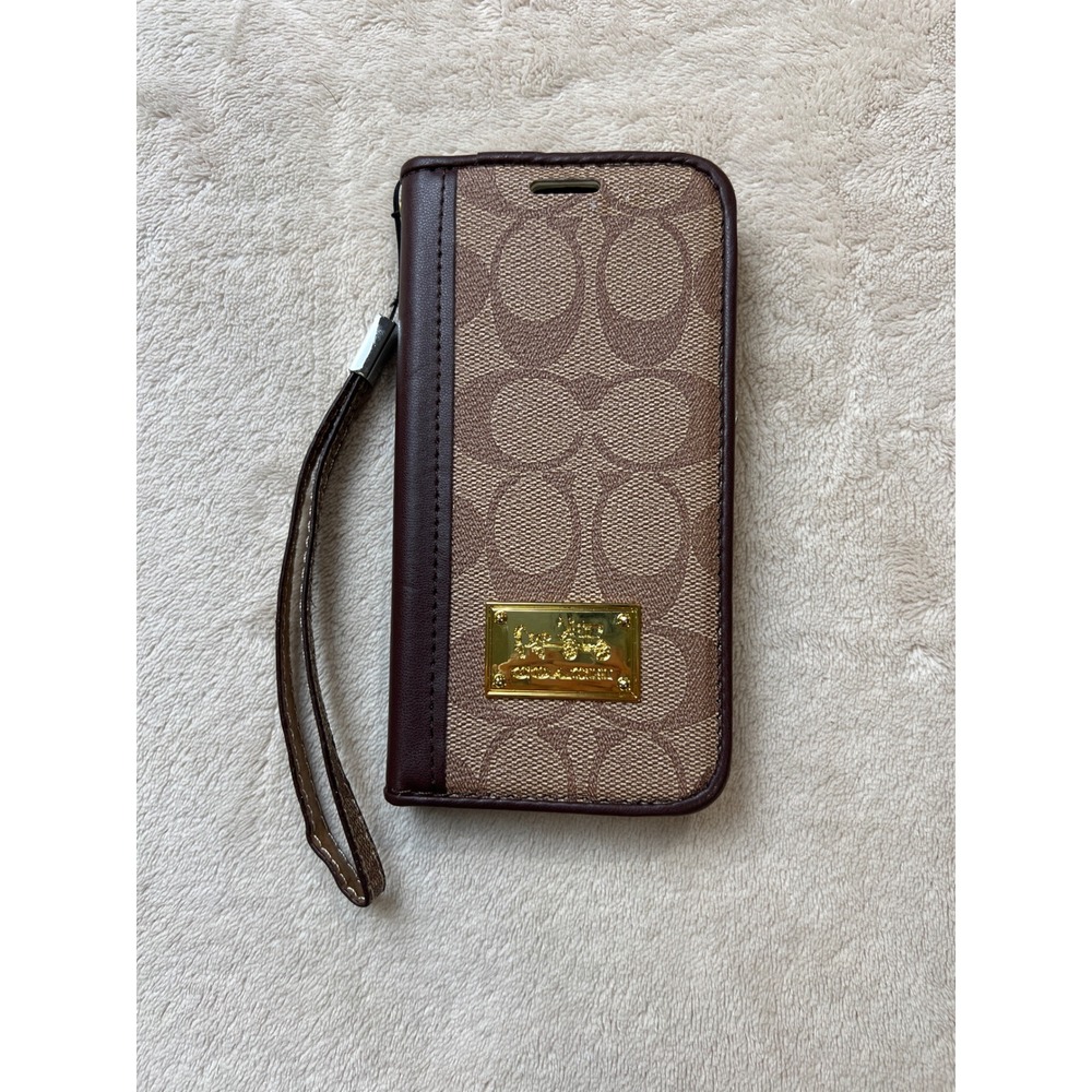 Coach Folio Wallet Phone Case Brown With Card Wallet Signature Monogram Wristlet